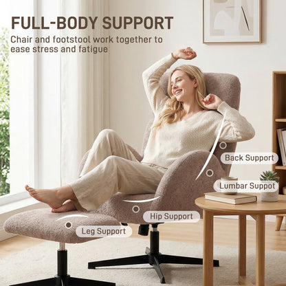 Swivel Armchair and Footstool Set, Height Adjustable Accent Chair with Adjustable Headrest, Rocking Function