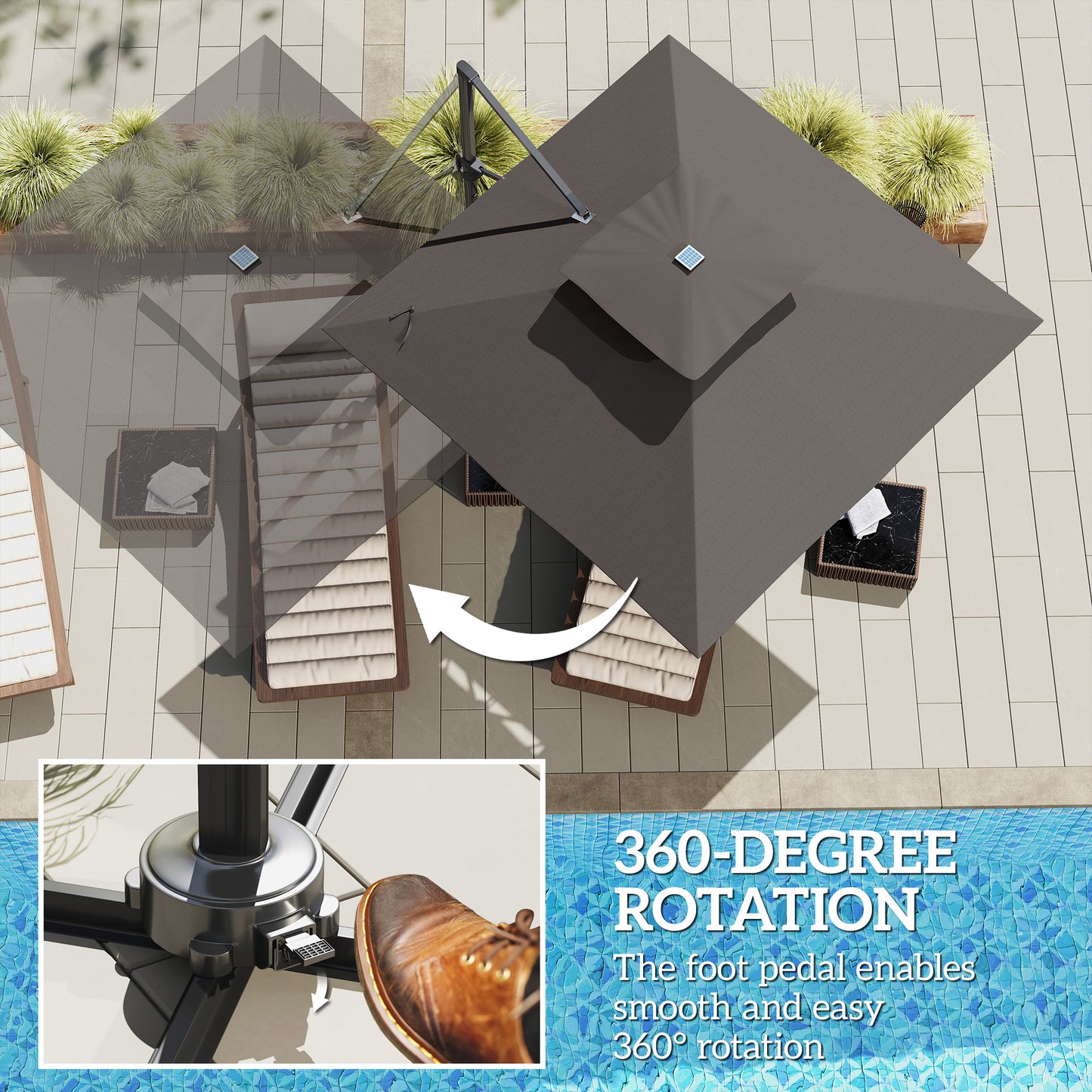 Outsunny 3.5x3 m Garden Cantilever Parasol with Solar LED Lights and Centre Light, Aluminium Large Square Patio Umbrella, UPF50+ Hanging Sun Shade with Cross Base