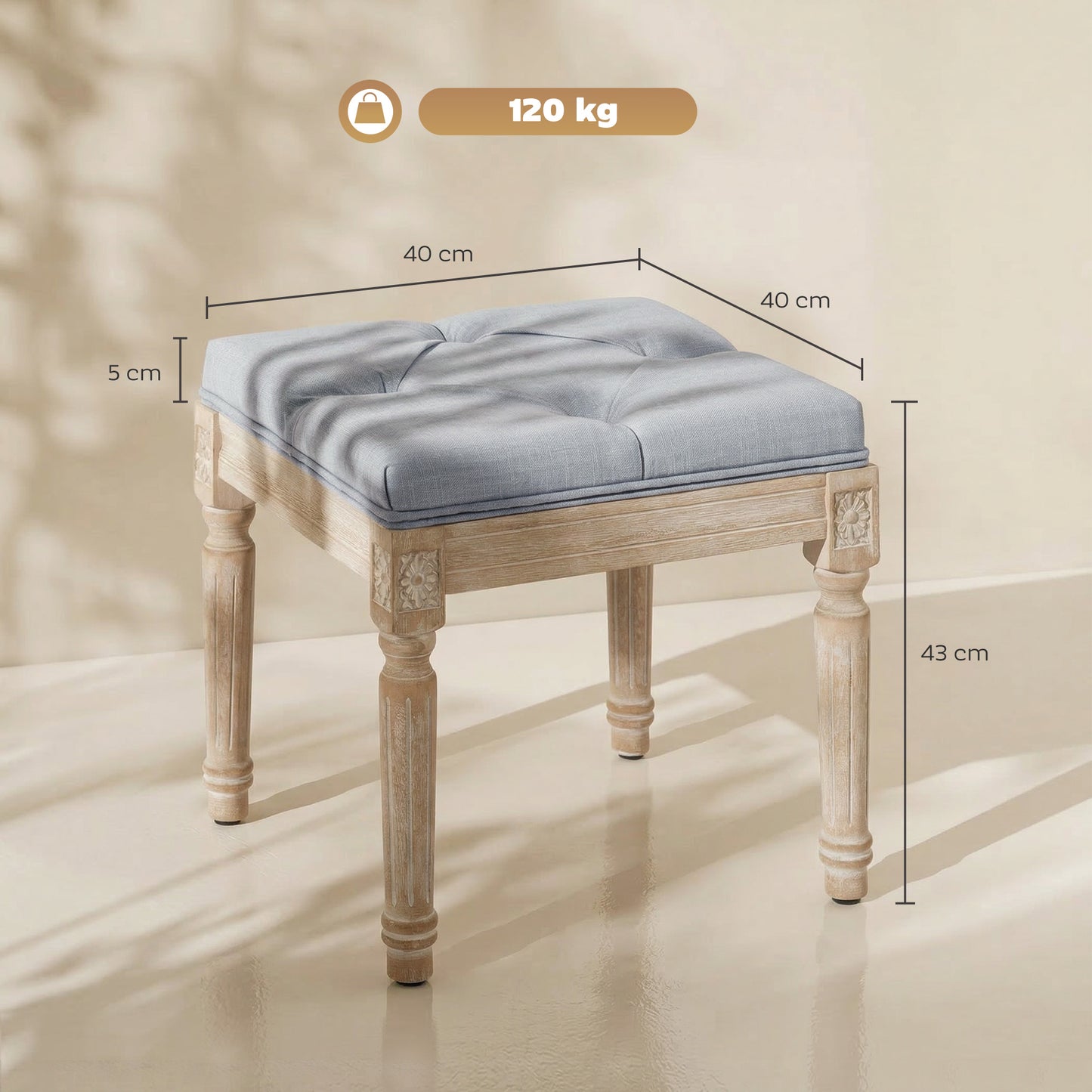 Vintage Retro Style Foot Stool, Tufted Square Footrest with Wood Legs, Light Grey