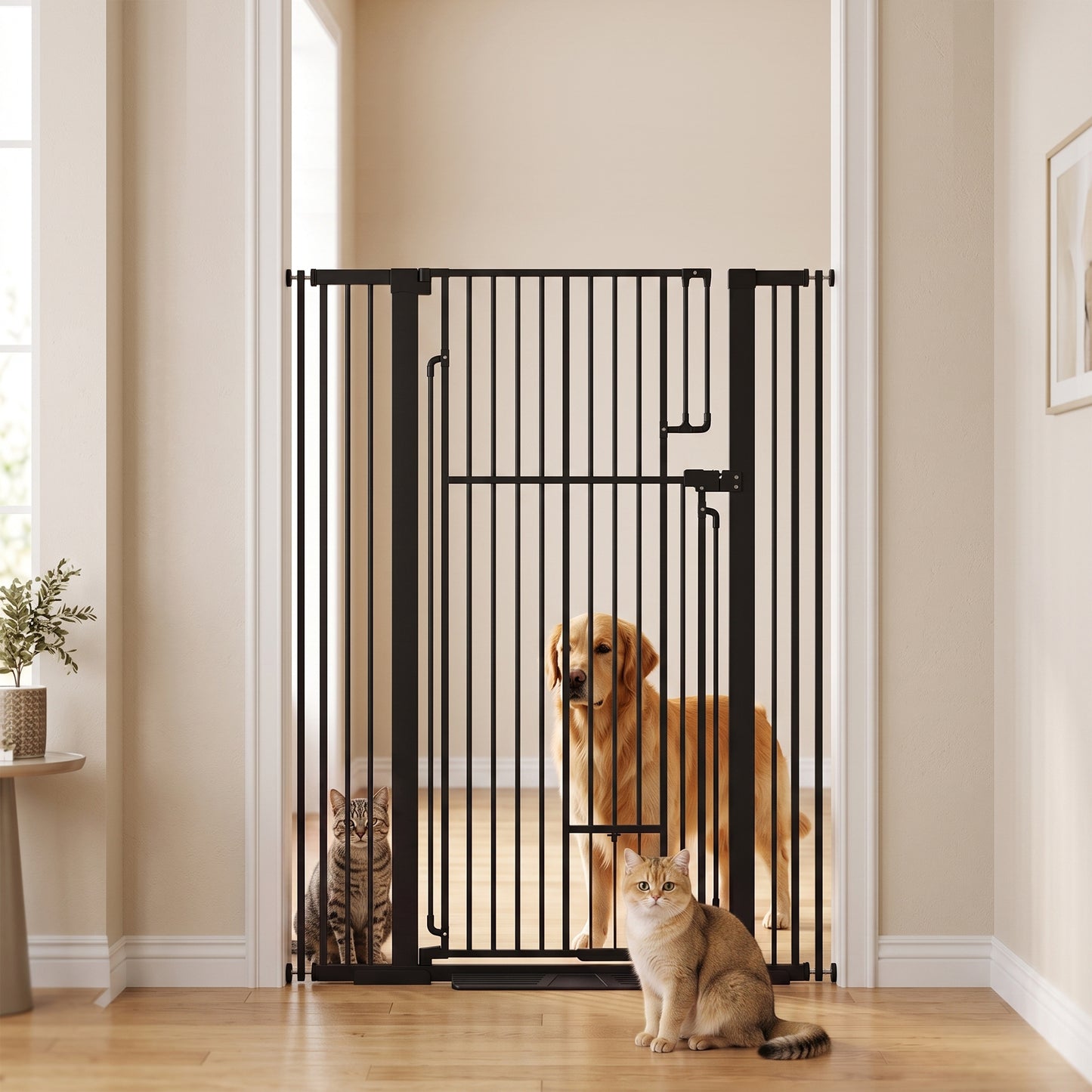135cm Extra Tall Dog Gate with Cat Door | Pressure Mounted | Fits 81–108cm | No Drilling | Lift-Lock | Steel | Black