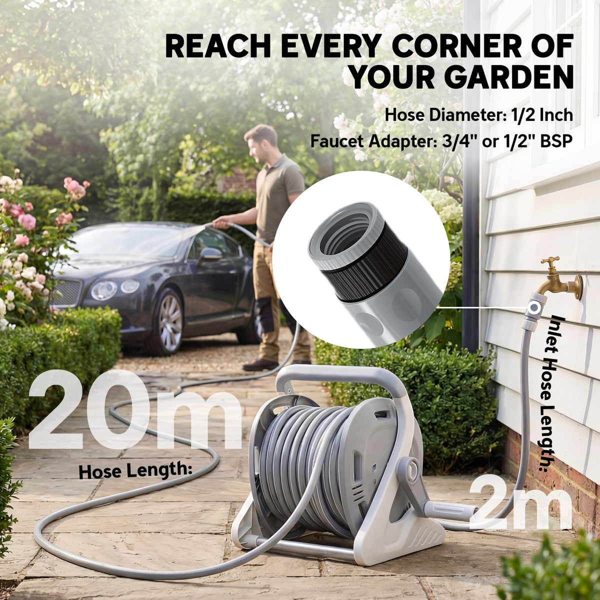 2-in-1 Wall Mounted & Portable Garden Hose Reel | 20+2m | Burst-Proof Hose | 2-Pattern Spray Nozzle | Crank Handle | Rust-Proof PVC | Grey