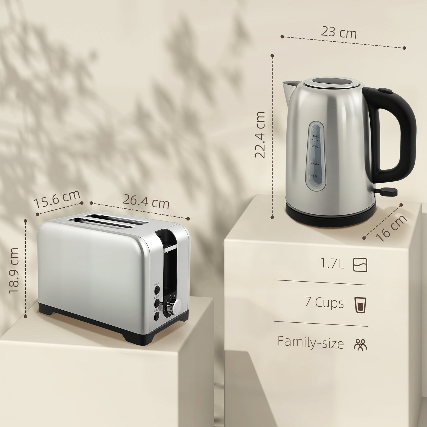 Simple Polished Toaster and Kettle Set - Silver Tone / Black Tone