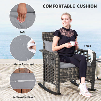 Garden Rocking Chair, Outdoor Rattan Rocker Lounge Chair with Seat and Back Cushions with All-weather Wicker, Steel Frame for Porch Balcony, Light Grey
