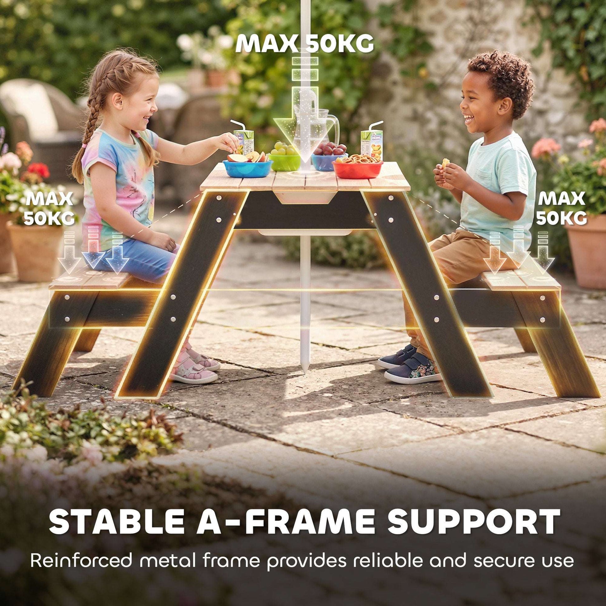 3-in-1 Kids Garden Table & Chair Set | Sand & Water Table | 2 Hidden Storage Boxes | Blue Striped Parasol | Fir Wood | Reinforced Metal Frame | Ages 3-6 | 113x95x160cm | Natural Wood
