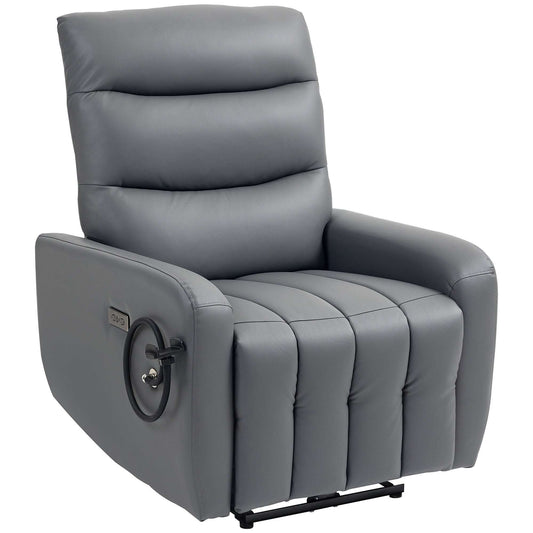 Electric Recliner Armchair with USB + Type C Charge Port, Phone Holder, PU Leather Reclining Chair for Home, Grey