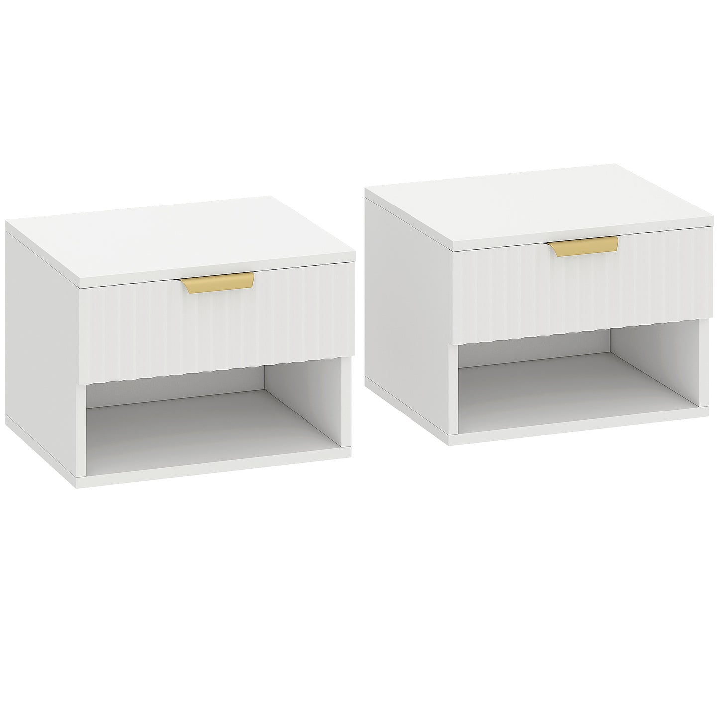 Floating Nightstands Set of 2, Modern Wall Mounted Bedside Tables with Fluted Drawer and Open Shelf for Bedroom, White