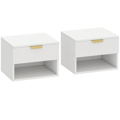 Floating Nightstands Set of 2, Modern Wall Mounted Bedside Tables with Fluted Drawer and Open Shelf for Bedroom, White