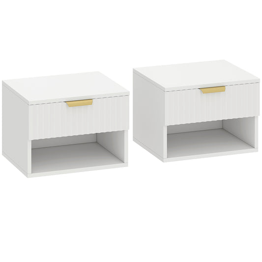 Floating Nightstands Set of 2, Modern Wall Mounted Bedside Tables with Fluted Drawer and Open Shelf for Bedroom, White