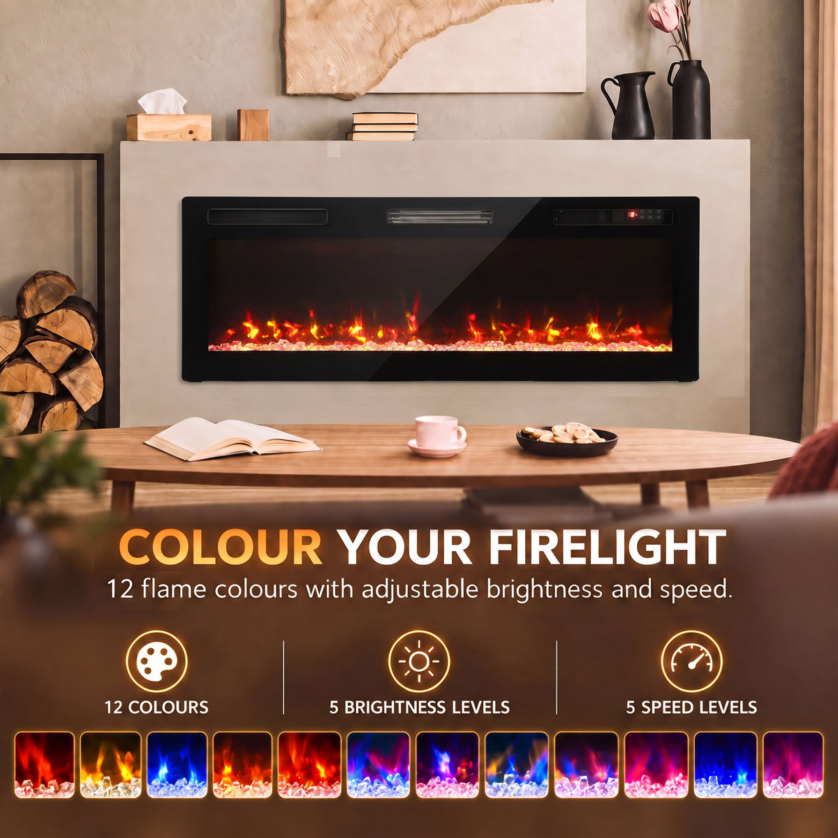 Slim Electric Fireplace | 127cm, 900/1800W | Crystal Effect, 12 Colours & Remote | Wall-Mounted, Recessed or Freestanding | Black
