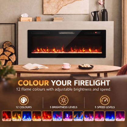 Slim Electric Fireplace | 127cm, 900/1800W | Crystal Effect, 12 Colours & Remote | Wall-Mounted, Recessed or Freestanding | Black