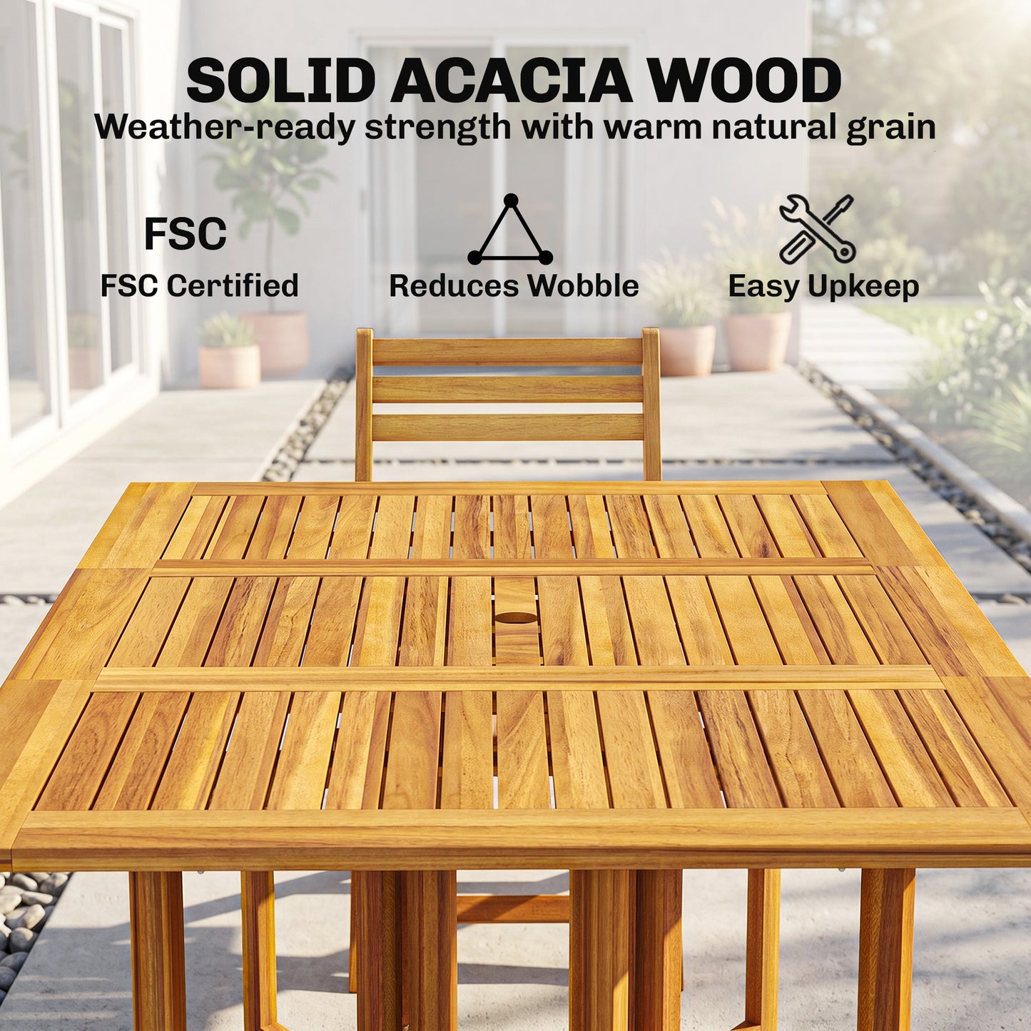 FSC Acacia 7-Piece Garden Dining Set | Extending Table | 6 Folding Chairs | Umbrella Hole | 130cm | Natural Wood