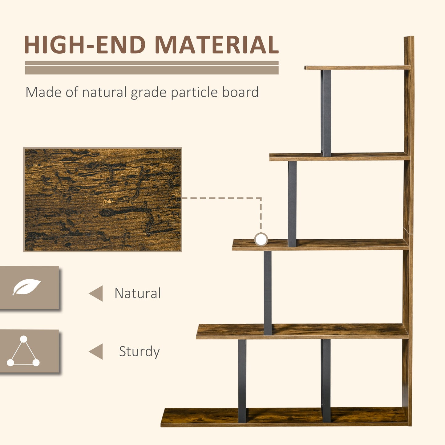 5-Tier Ladder Bookcase & Display Shelf | Anti-Tip | 80kg | Rustic Brown | 102x30x160cm