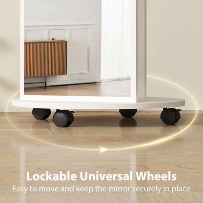 2-in-1 Full-Length Floor Mirror with Hidden Back Storage Shelves | Coat Rack & Hooks | 4 Lockable Wheels | Shatter-Resistant Tempered Glass | 50x50x167cm | White