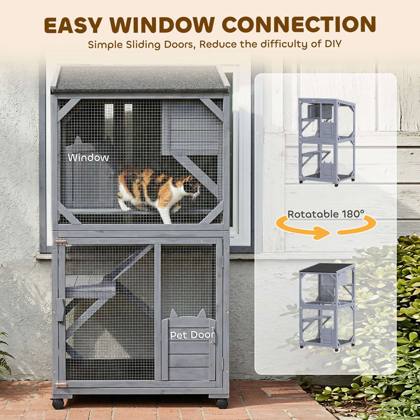 Movable Outdoor & Indoor Catio | 3 Jumping Platforms & Resting Box | Waterproof Asphalt Roof | 4 Swivel Casters 2 Lockable | Fir Wood | 4 Doors | Up to 2 Cats | 80x75.5x162.5cm | Dark Grey