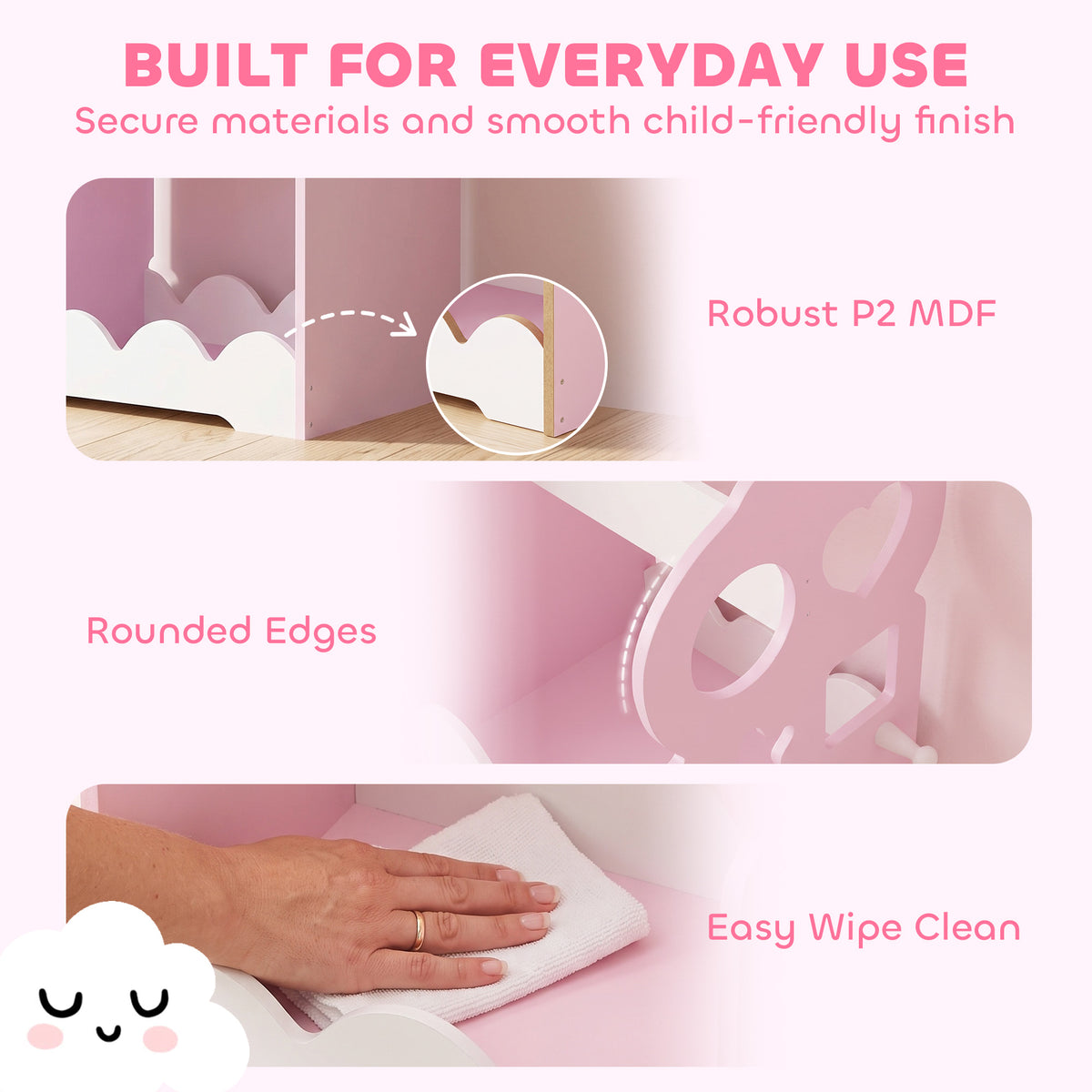 Kids Wardrobe with Full-Length Mirror | Clothes Rail | Open Shelves & Bottom Storage | P2 MDF | Acrylic Mirror | Pink Cloud-Print Design | 81x34x110cm | 10kg Shelf & 5kg Rail | Ages 3–12 | Pink