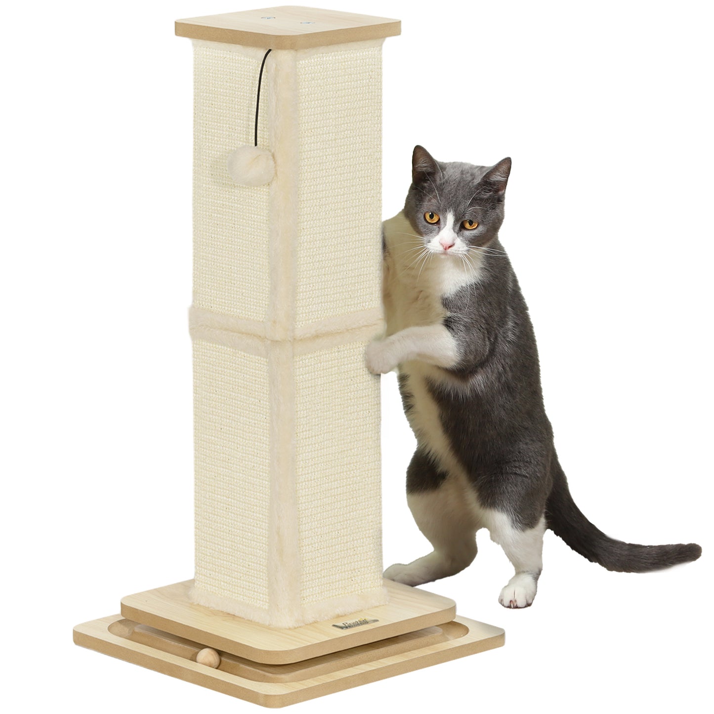 PawHut 3 in 1 Cat Scratching Post, 67cm Cat Scratcher w/ Track Ball Toy, Oak