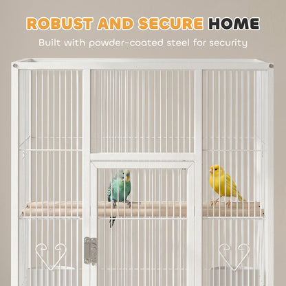 PawHut Bird Cage with Rolling Stand | Storage Shelf | Slide-Out Tray | 4 Feeder Doors | 2 Perches & Feeders | White