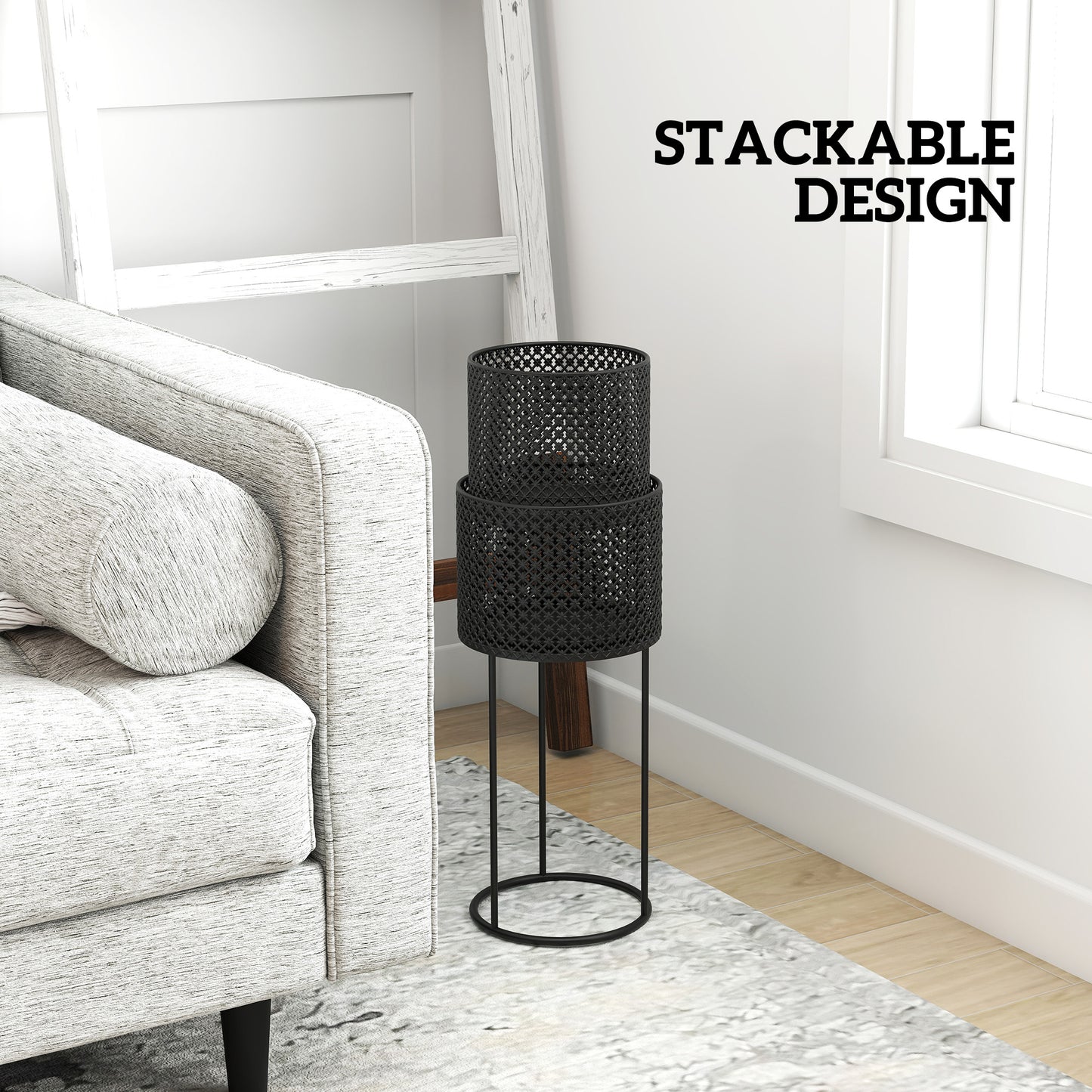 Set of 2 Powder-Coated Metal Plant Pots | Hollow Woven Design | Stackable | 10kg Large Ø23x50cm | 8kg Small Ø20x30cm | Patio Balcony & Indoor | Black