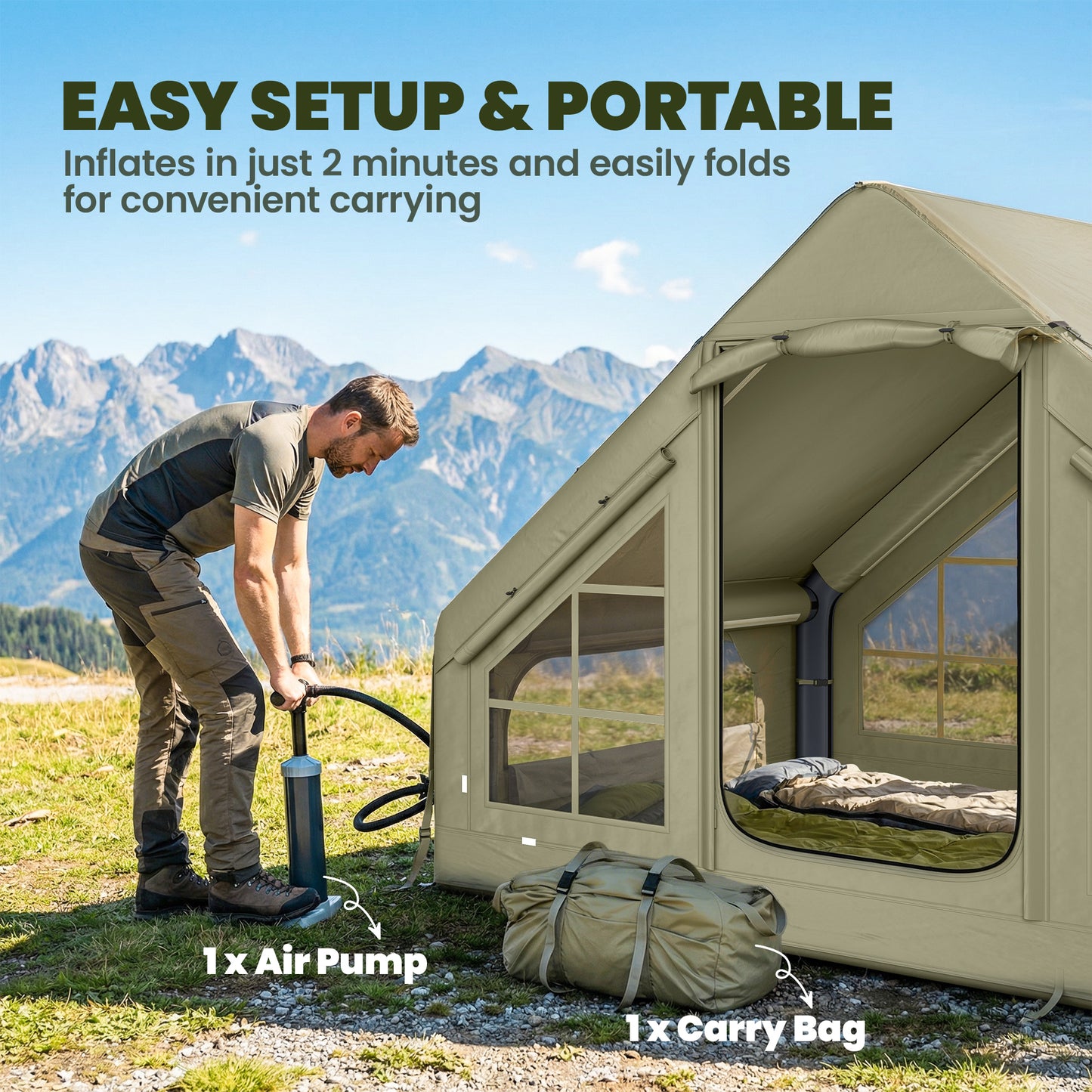 Outsunny Inflatable Camping Tent with Pump and Stove Jack Hole, Luxury Inflatable Tent with Mesh Windows, Doors, Olive Green