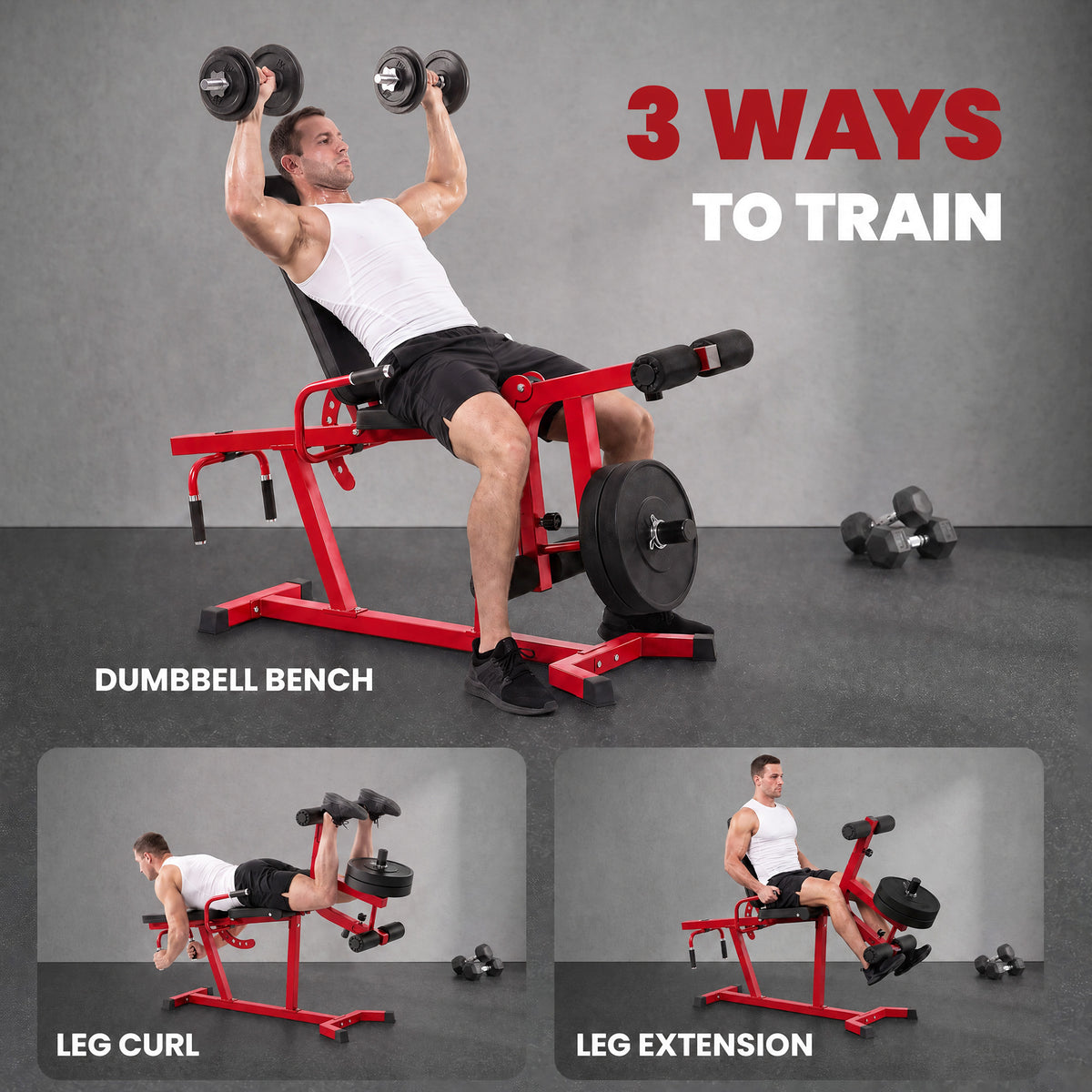 SPORTNOW 3-in-1 Weight Bench & Leg Extension Curl Machine | Red | 163x58x118cm | 300kg Capacity | 6-Position Backrest 0-100° | Leg Developer 0-90° | 75kg Weight Peg | Steel & PU Leather