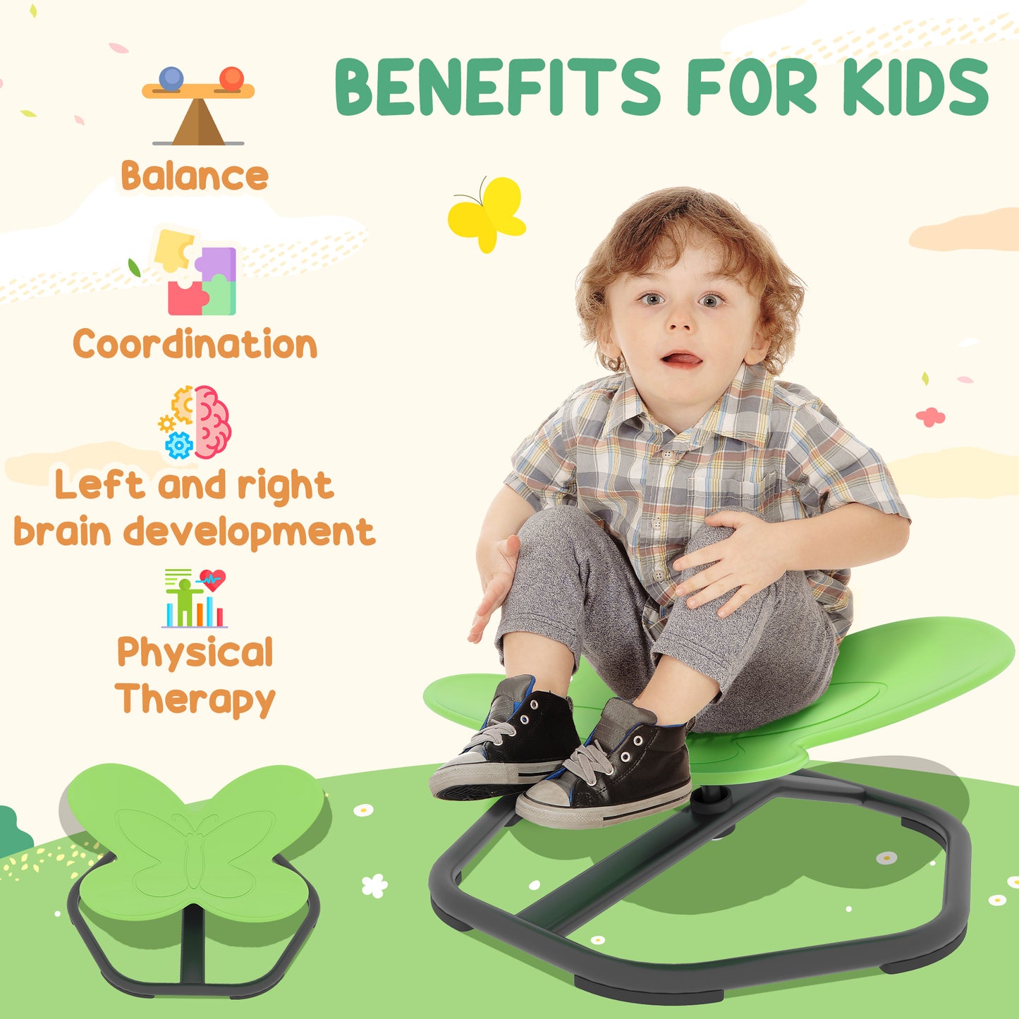 AIYAPLAY Butterfly-Shaped Kids Swivel Chair, Sensory Spinning Chair for Balance and Coordination Training, Green / Blue