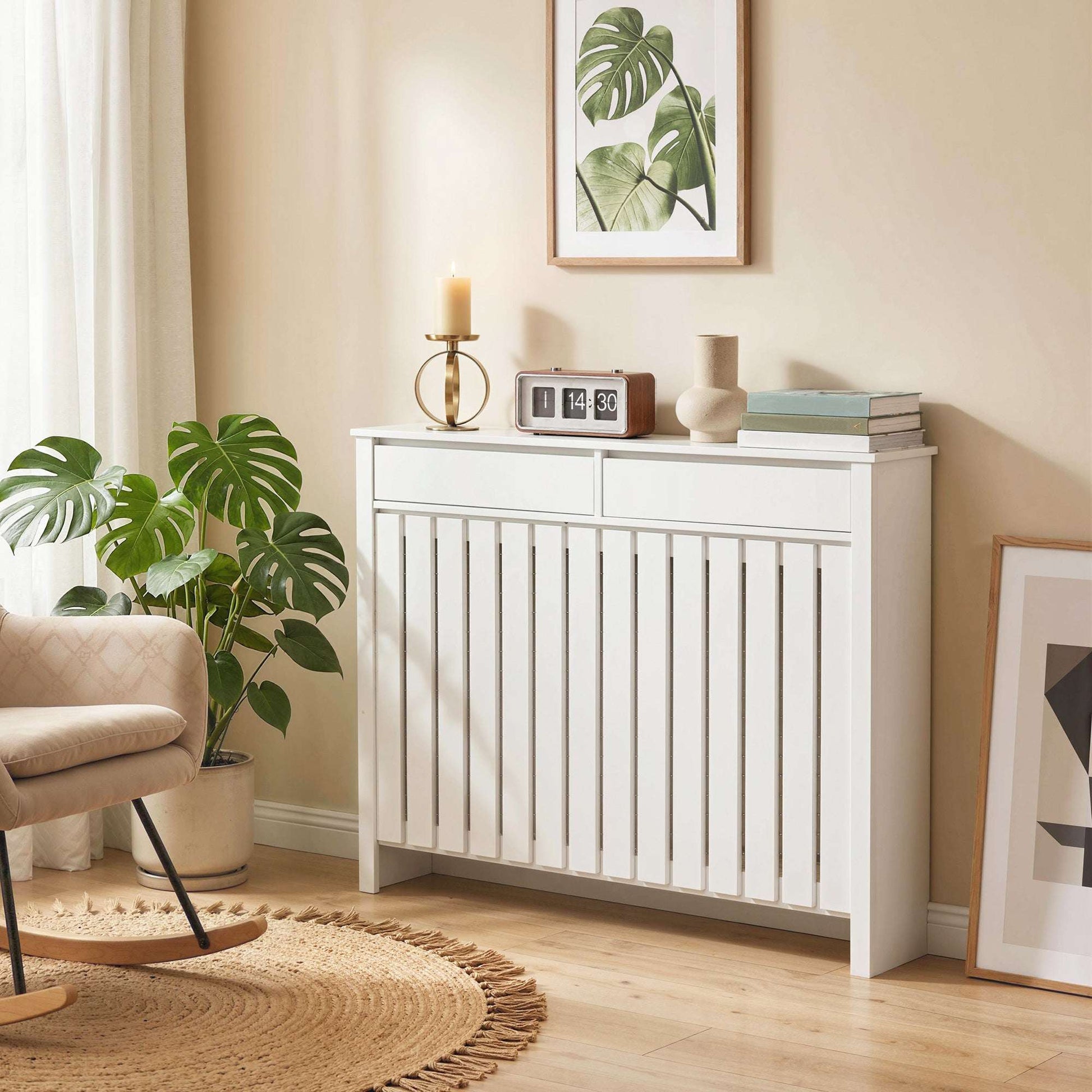 MDF & Particle Board Radiator Cover with 2 Drawers | Vertical Slats | Flat Top Display Surface | Wall Mountable | Pre-Cut Outs | 18kg Capacity | 119x19x93cm | White