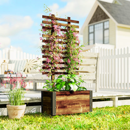 Carbonised Wood Raised Planter with Ladder Trellis | Reinforced Metal Corners | 4 Wheels 2 Lockable | Non-Woven Liner | Drainage Holes | 35kg Capacity | 65x31x147cm | Carbonised