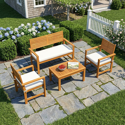 4-Piece Acacia Wood Garden Sofa Set | Loveseat, 2 Armchairs & Table | Cream White Cushions