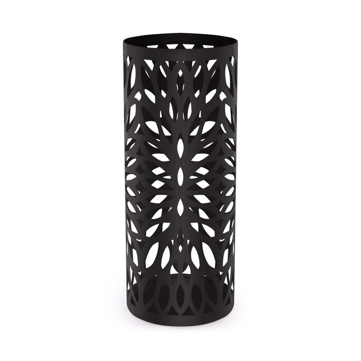 Maison & White Round Metal Umbrella Stand | Black Laser-Cut Iron | Removable Drip Tray & 4 Hooks | 49.2cm Tall