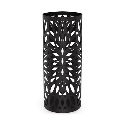 Maison & White Round Metal Umbrella Stand | Black Laser-Cut Iron | Removable Drip Tray & 4 Hooks | 49.2cm Tall