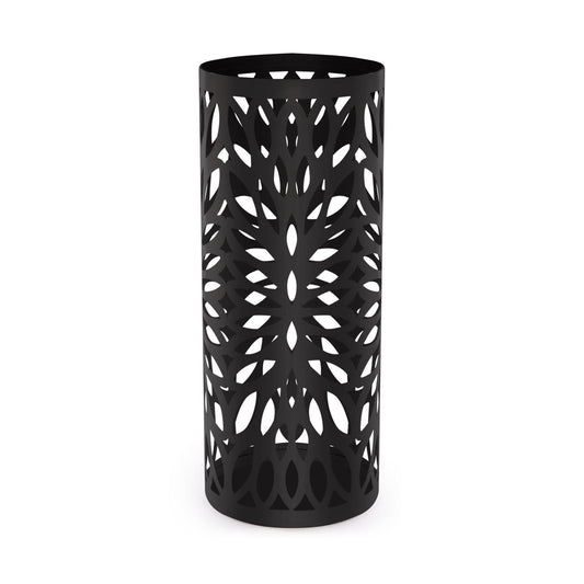 Maison & White Round Metal Umbrella Stand | Black Laser-Cut Iron | Removable Drip Tray & 4 Hooks | 49.2cm Tall