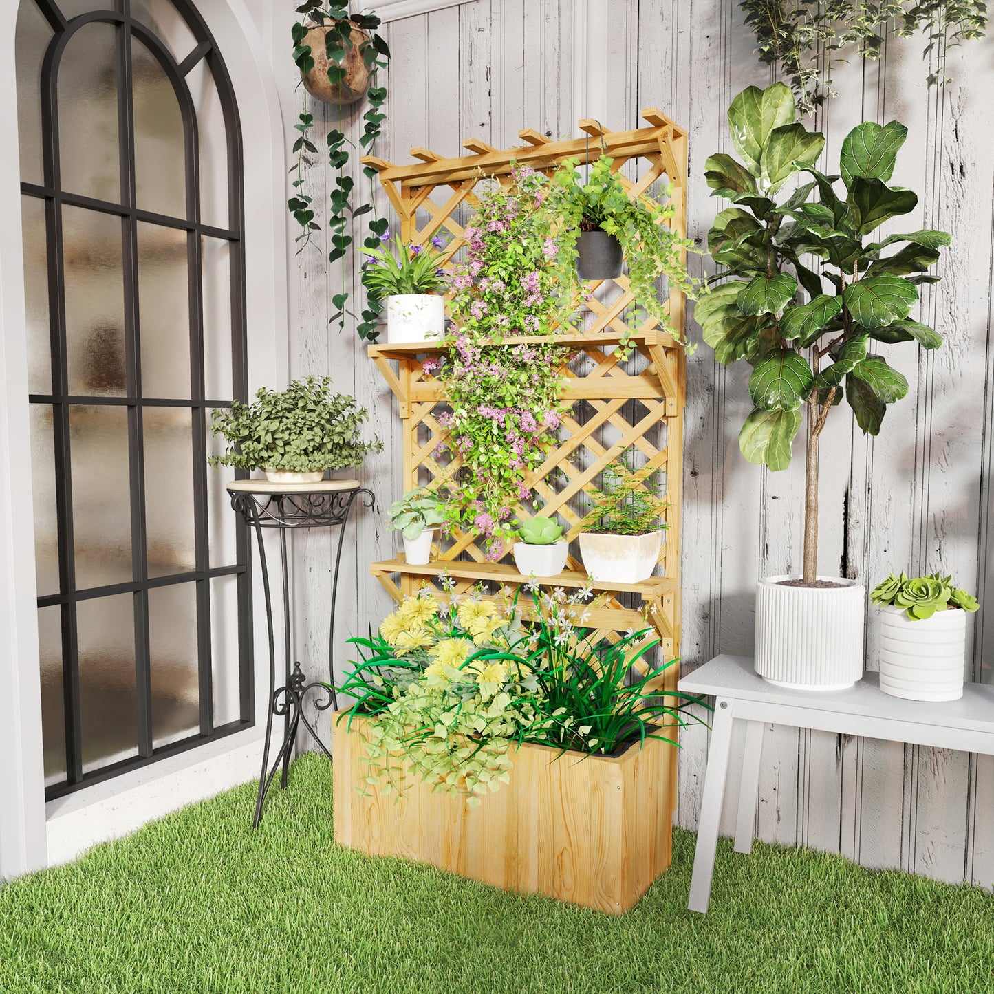 Fir Wood Planter with Tall Trellis Roof & Upper Shelf | 52L | 70x24cm Planting Area | Fabric Liner & Drainage Holes | 50kg | 76x33x177cm | Climbing Plants | Natural Wood Finish