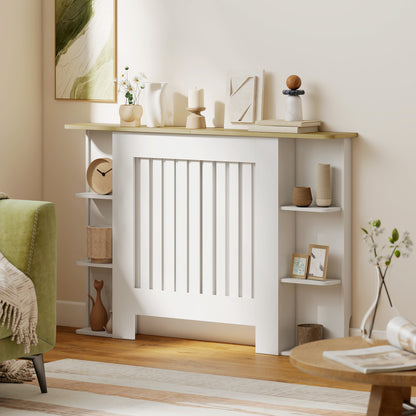 Radiator Cover with Open Storage Shelves, Vertical Slatted Cabinet Shelf Heater Cover for Living Room, Hallway, Medium, White (H: 83 / W: 124 / D: 19 cm)