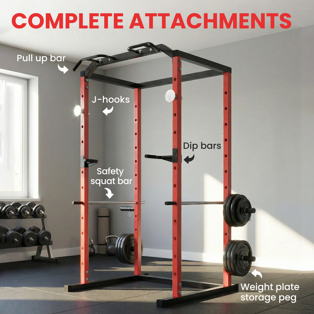 SPORTNOW Power Tower | Adjustable Squat Rack | Red & Black Steel | 160x112x215cm | 460kg Max Load | 11 Height Levels | Pull-Up Bar | Dip Station | Safety Arms | Plate Storage | Home Gym Strength Training