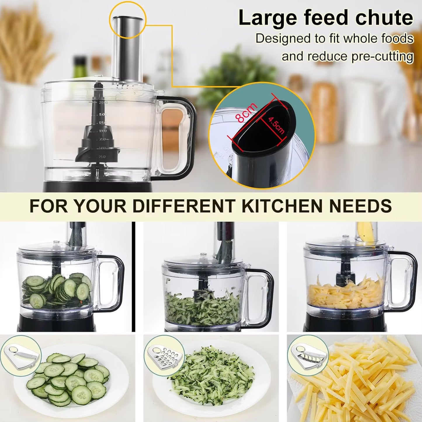 Topstrong 6-In-1 for Chopping, Slicing, Shredding and Kneading Dough, 3 Speeds with Pulse, 2L Mixing Bowl 800W Food Processor