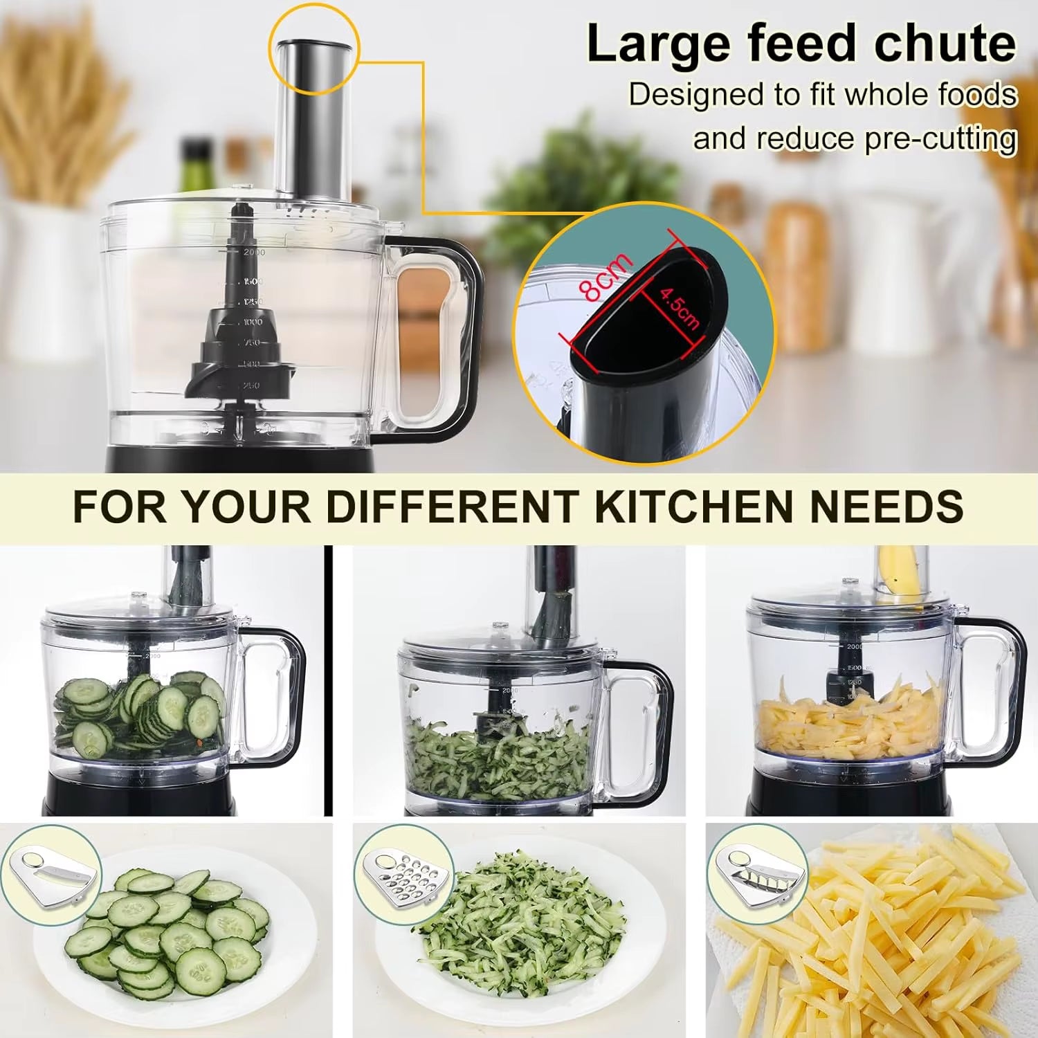 Topstrong 6-In-1 for Chopping, Slicing, Shredding and Kneading Dough, 3 Speeds with Pulse, 2L Mixing Bowl 800W Food Processor