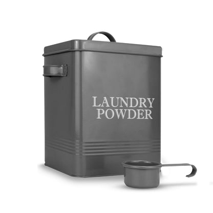 Laundry Powder Storage Tin | Powder-Coated Steel | Secure Lid | Side Carry Handles | 83.5ml Scoop Included | 26x20x15cm | 2-Year Warranty | Grey