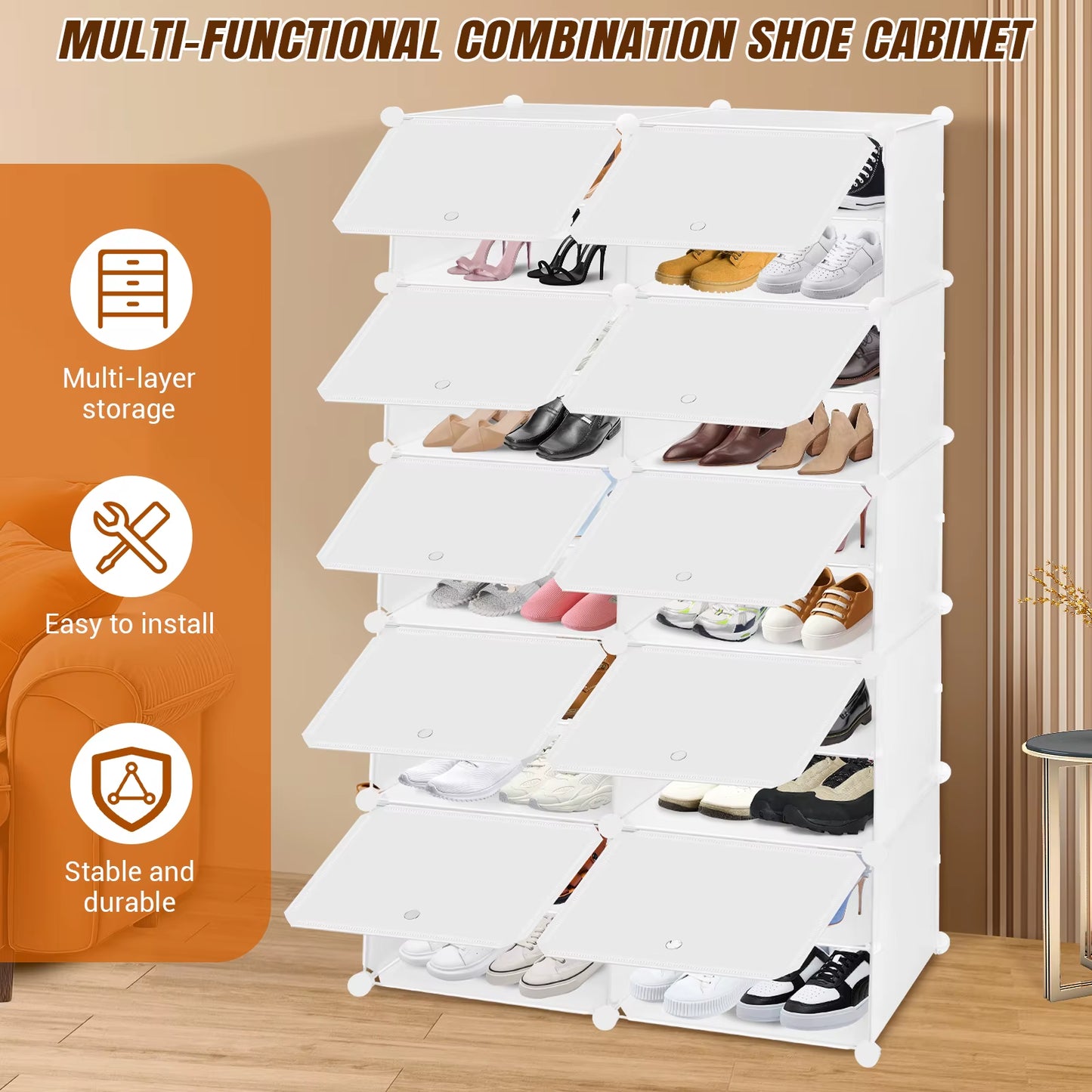 Shoe Storage Cabinet Layer Modular Plastic Shoe Rack, Cube Shoe Organizer, Dustproof and Waterproof, 40 Pairs of Shoes - 6/8/10