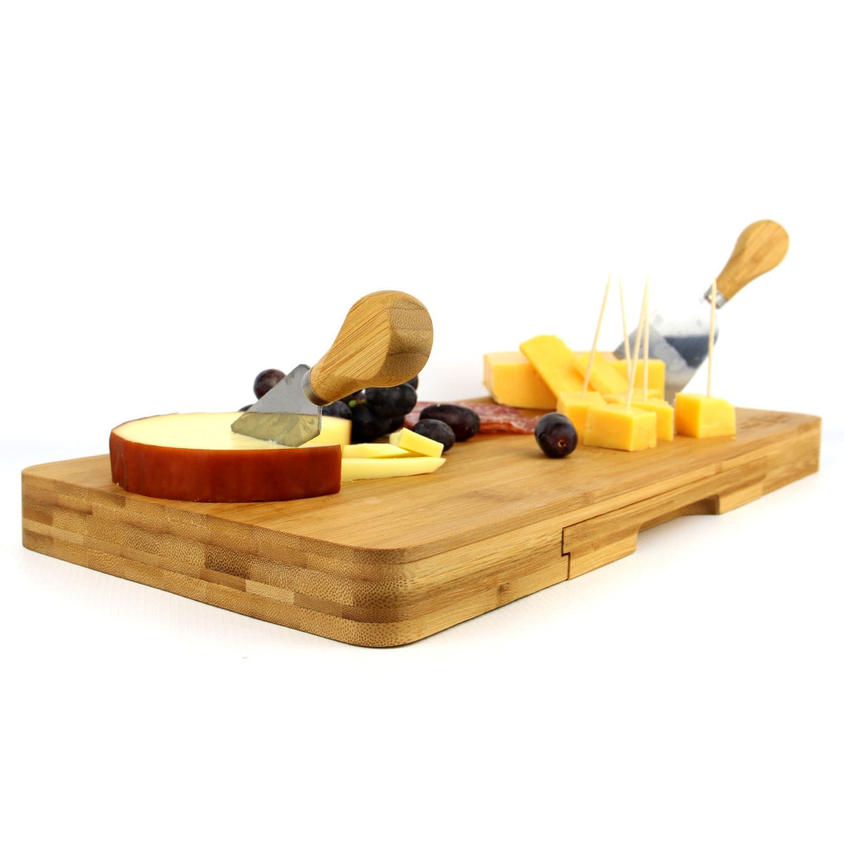 Maison & White Bamboo Cheese Board | 40cm Serving Platter with Hidden Drawer | 3 Cheese Knives & Fork | Charcuterie & Entertaining Set