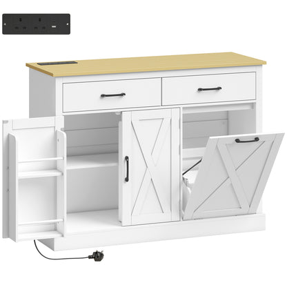 Tilt Out Trash Cabinet with Built-In Charging Station & Kitchen Island Storage | 57L Hidden Bin | 2 Drawers 2-Tier Cabinet 4 Door Racks | AC USB USB-C Ports | Farmhouse Style | White or Black | 112x40x83.5cm | Anti-Tip | Assembly Required