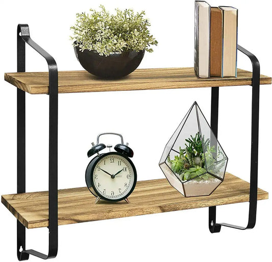 2 Tiers Rustic Floating Shelves Wooden Wall Mounted Shelf Display Rack