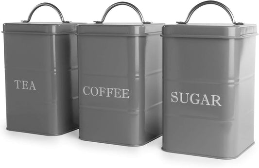 Stainless Steel Tea Coffee Sugar Canisters | Set of 3 | Airtight Lids | Labelled | Vintage Design | 17x10x10cm | 2-Year Warranty | Grey