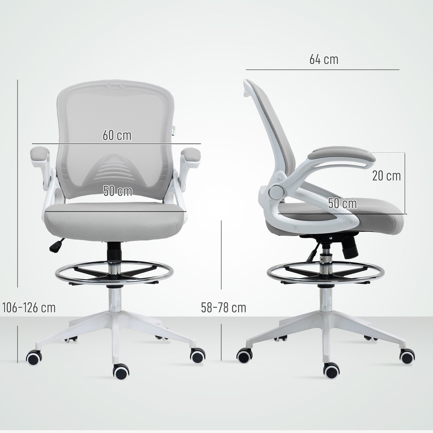 Drafting Chair for Standing Desk | Mesh Back | Foam Seat | Flip-Up Armrests | Foot Ring | 360° Swivel | Height Adjustable 106-126cm | 120kg | Light Grey