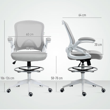 Drafting Chair for Standing Desk | Mesh Back | Foam Seat | Flip-Up Armrests | Foot Ring | 360° Swivel | Height Adjustable 106-126cm | 120kg | Light Grey