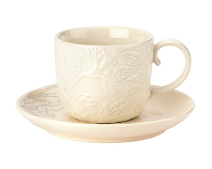 Maison & White Fieldview Farm Cup & Saucer | Cream Embossed Botanical Cup with Matching Floral Saucer | Country Tea & Coffee Set