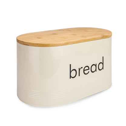 Maison & White Bread Bin with Bamboo Chopping Board Lid | Painted Cold Rolled Iron | Keeps Bread Fresh | Vintage Retro Style | Dual-Use Bamboo Lid | Easy Wipe Clean | 34x18x19cm | 2-Year Guarantee