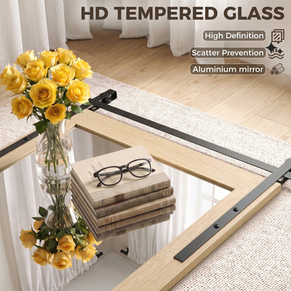 Farmhouse Wall Mirror | 110H x 66W cm Rectangle | Decorative Barn-Door Detail & Tempered Glass | White Oak or Dark Brown