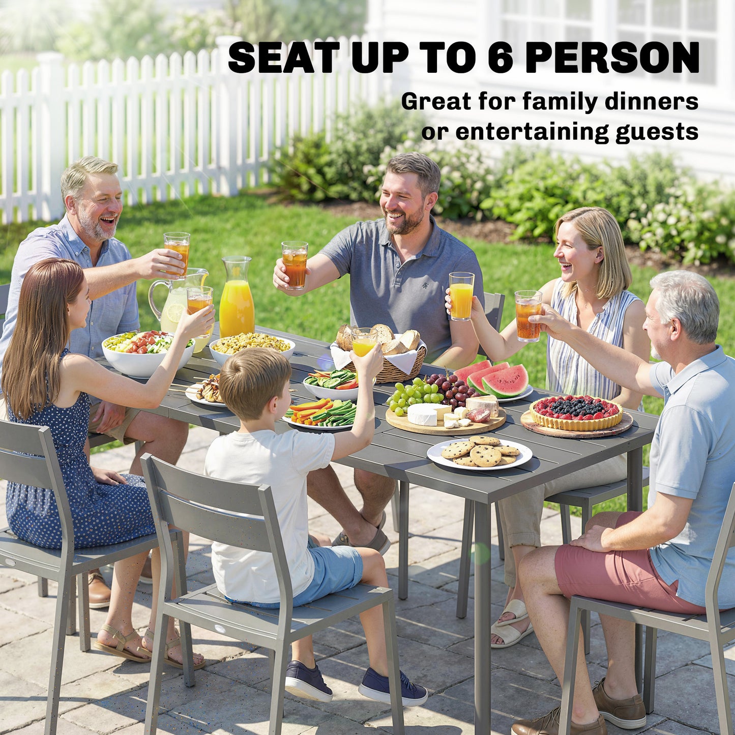 6-Seater Rectangular Garden Dining Table | Slatted Metal Top | Quick Drain | Powder-Coated Steel Frame | Foot Pads | 70kg Capacity | 165x80x74cm | Dark Grey