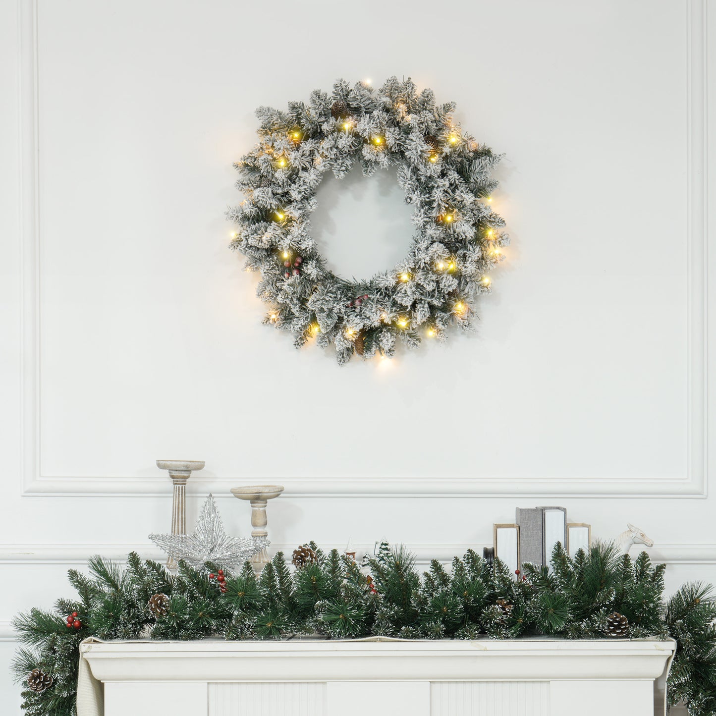 60cm Pre-Lit Christmas Wreath for Front Door with LED Lights, Pine Cones and Red Berries, Flocked Winter Wreath for Windows, Wall Decoration, Green
