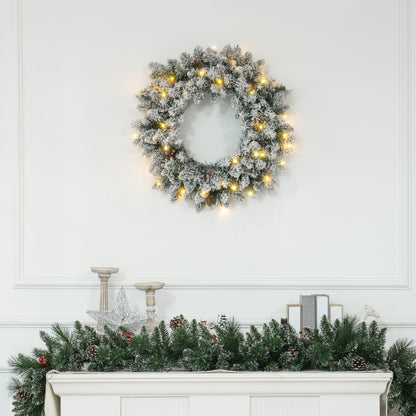 60cm Pre-Lit Christmas Wreath for Front Door with LED Lights, Pine Cones and Red Berries, Flocked Winter Wreath for Windows, Wall Decoration, Green